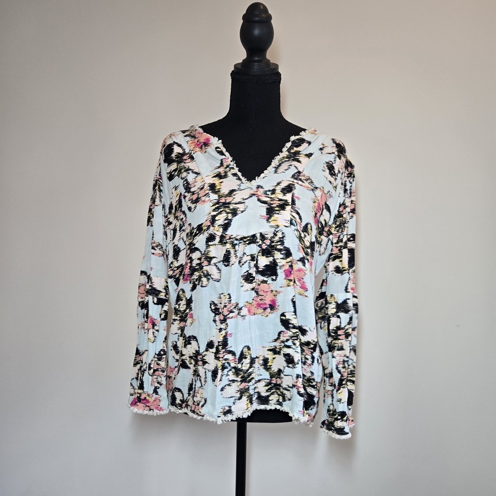 Caslon Blouse Womens Medium Blue Ikat Floral Excellent Fringe V-Neck Top
